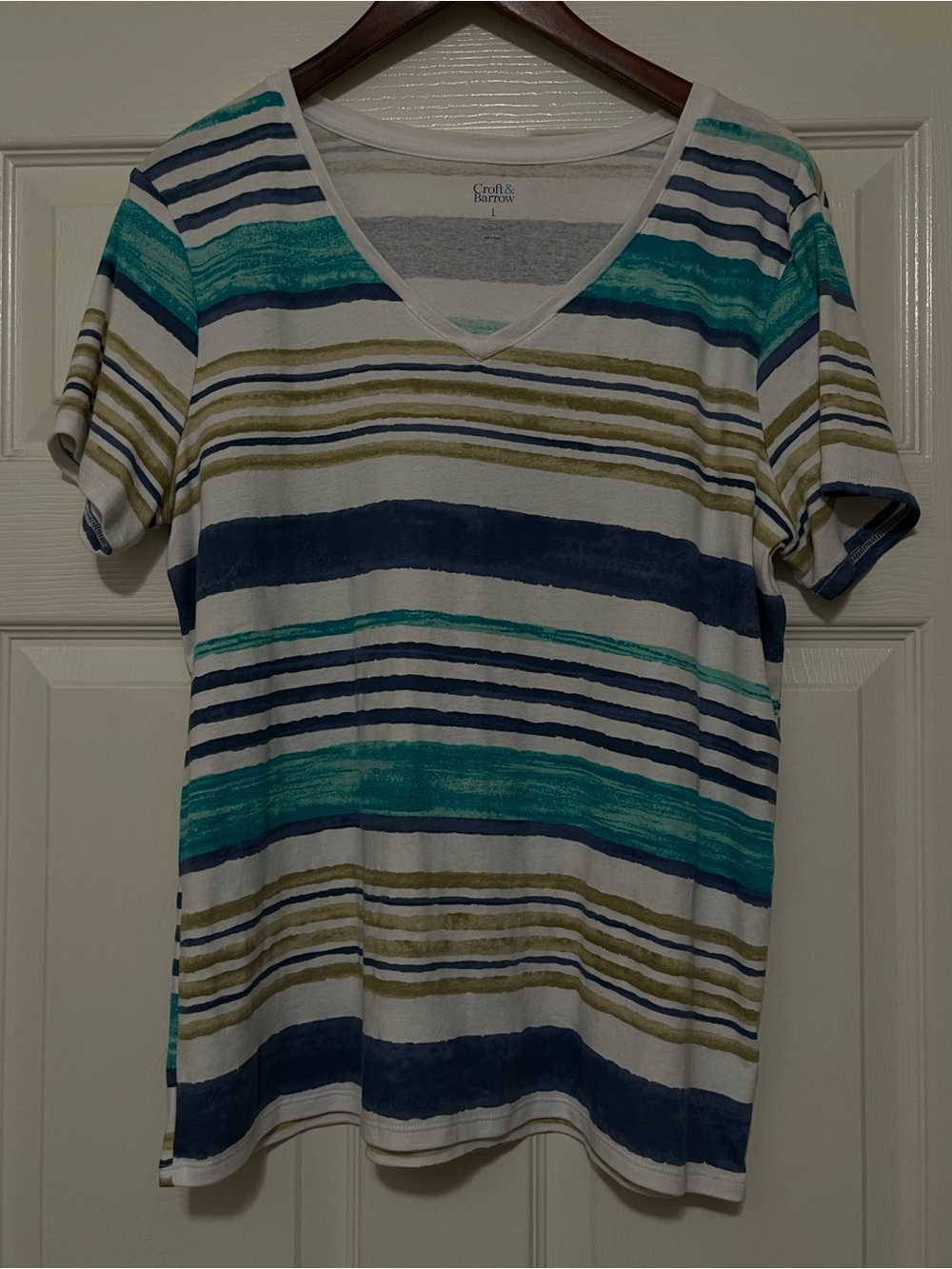 croft & barrow Striped V-Neck Tee in White, Olive and Teal